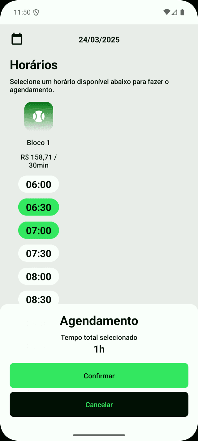 Tela de seleção de horário e pagamento no app iFute