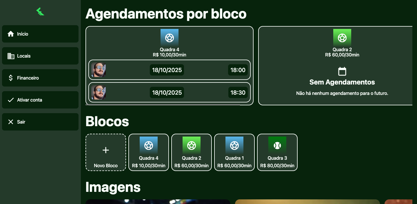 Captura de tela mostrando interface de blocos de locais no iFute Backoffice