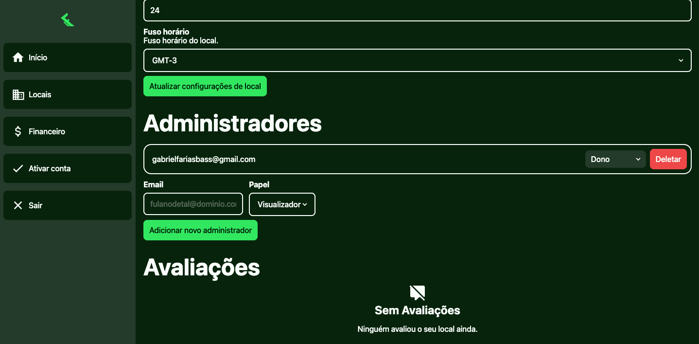 Captura de tela mostrando interface de administradores de local no iFute Backoffice